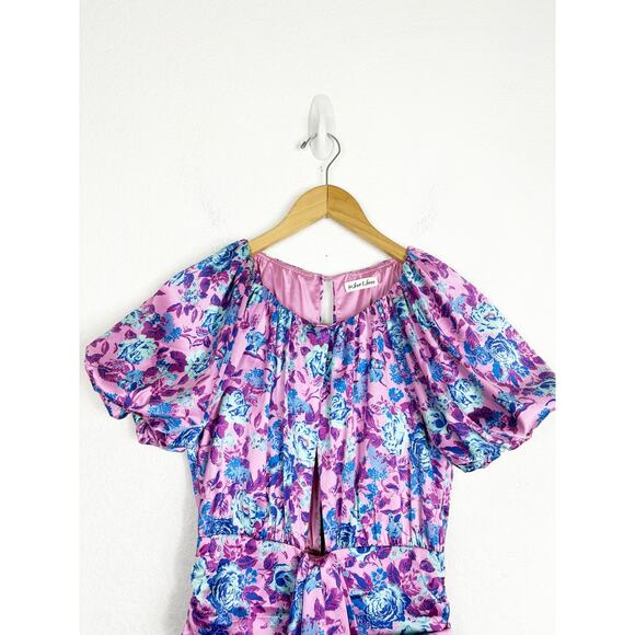 For Love & Lemons Tahiti Ruched Mini Dress Small Purple Floral Satin Cottagecore - Picture 4 of 14